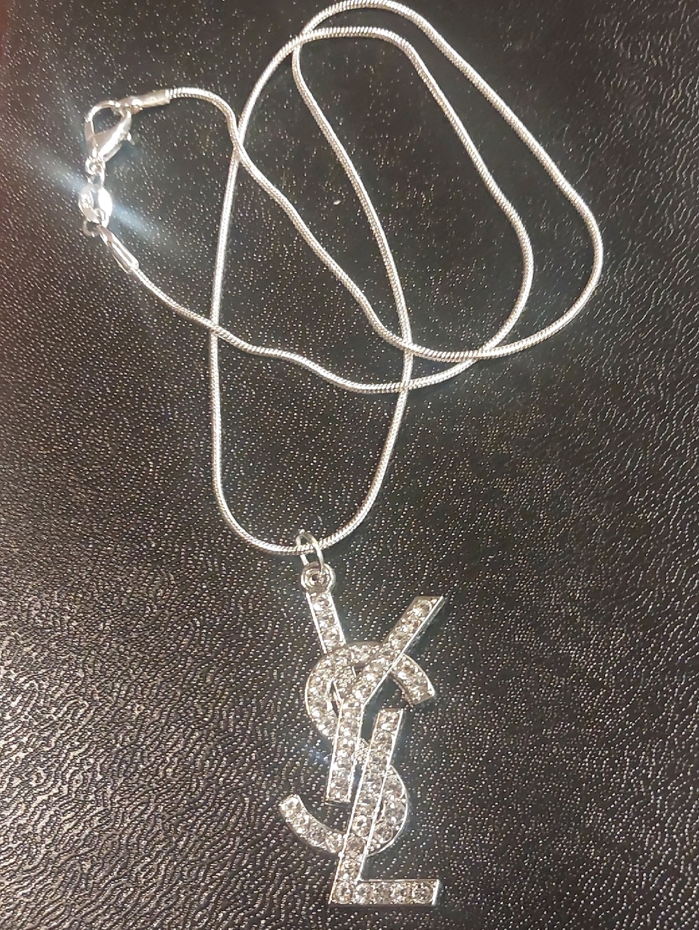Yves Saint Laurent Crystal Charm Sterling Silver Logo Pendant Necklace - Picture 2 of 3